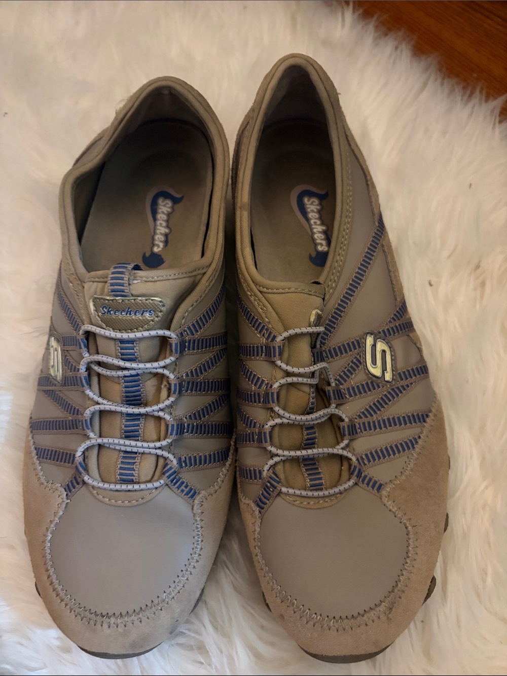 Skechers Men’s Taupe Slip-On Sneakers with Blue Accents